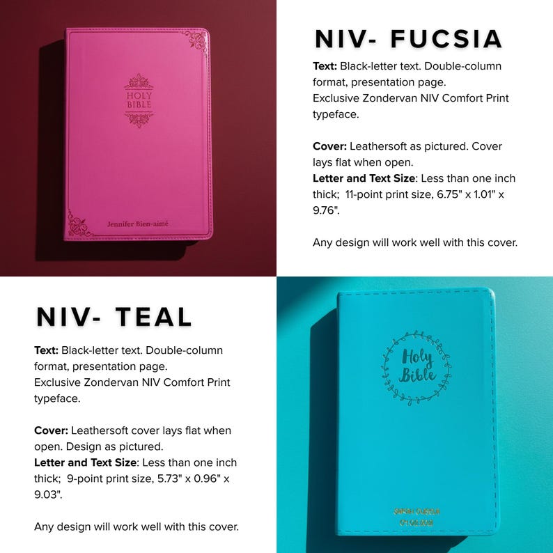 a collection of four different covers for the Bible, each with distinct design elements and typography.