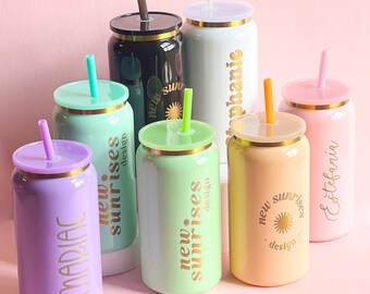 Personalized Can Glass Style Tumbler for Bridesmaid or Bride Gift Custom Engraved Steel Cup Stainless 16 oz with Monogram Design Gold