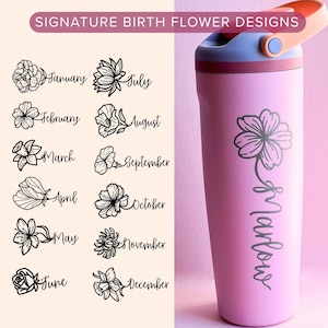 a pink thermos with a series of floral designs representing the months of the year, along with the name "Marlow" written on the side of the thermos.