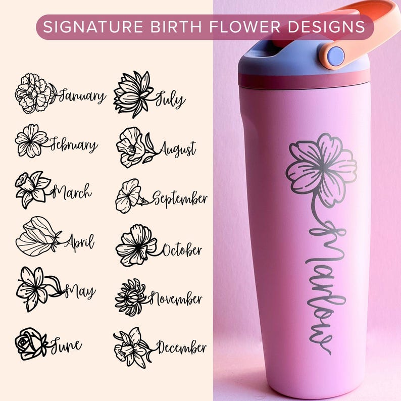 a pink thermos with a series of floral designs representing the months of the year, along with the name "Marlow" written on the side of the thermos.