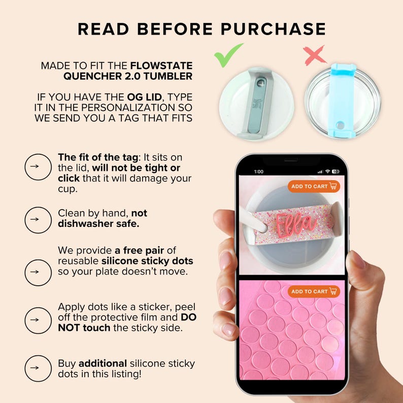 The image is a smartphone displaying a list of instructions for purchasing a quencher 2.0 tumbler. The instructions include reading before purchase, fitting the lid, cleaning by hand, adding a free pair of silicone dots, applying dots like a sticker, and buying additional dots.