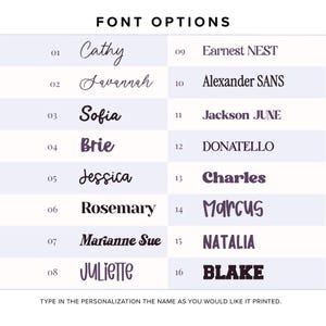 May include: A chart titled FONT OPTIONS displaying sixteen numbered styles in dark purple text. The list includes names like Cathy, Savannah, Sofia, Brie, Jessica, Rosemary, Marianne Sue, Juliette, Earnest NEST, Alexander SANS, Jackson JUNE, DONATELLO, Charles, Marcus, NATALIA, and BLAKE. The bottom text reads: TYPE IN THE PERSONALIZATION THE NAME AS YOU WOULD LIKE IT PRINTED.
