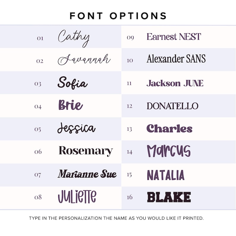 May include: A chart titled FONT OPTIONS displaying sixteen numbered styles in dark purple text. The list includes names like Cathy, Savannah, Sofia, Brie, Jessica, Rosemary, Marianne Sue, Juliette, Earnest NEST, Alexander SANS, Jackson JUNE, DONATELLO, Charles, Marcus, NATALIA, and BLAKE. The bottom text reads: TYPE IN THE PERSONALIZATION THE NAME AS YOU WOULD LIKE IT PRINTED.