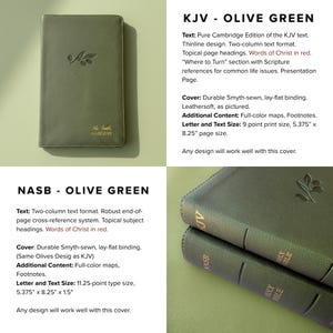 The image is a collage of two different book covers, each with a different title and design. The first book cover is titled "KJV - OLIVE GREEN" and the second book cover is titled "NASB - OLIVE GREEN".