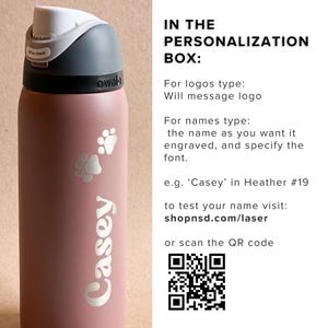A pink water bottle with a personalized label, featuring a name and logo, and instructions for customizing the label.