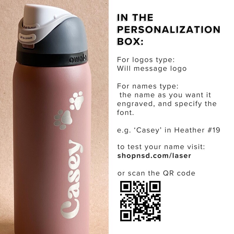 A pink water bottle with a personalized label, featuring a name and logo, and instructions for customizing the label.