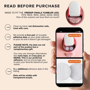 The image is a promotional advertisement for a product called the Freesip Owala Tumbler Lids. It features a person's hand holding a smartphone displaying the product, along with images of the product and instructions for purchasing it.