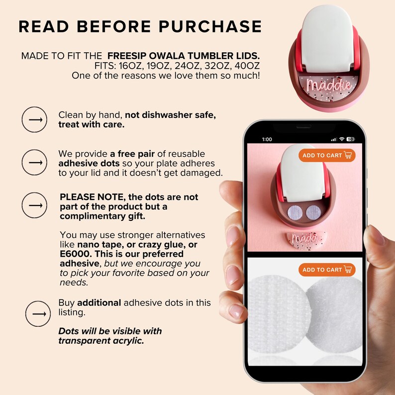 The image is a promotional advertisement for a product called the Freesip Owala Tumbler Lids. It features a person's hand holding a smartphone displaying the product, along with images of the product and instructions for purchasing it.