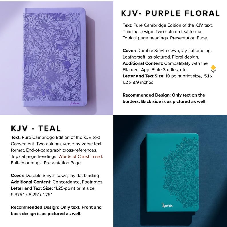 two different notebooks, one with a purple floral design and the other with a teal design. The notebooks have a thinline design and a two-column text format.