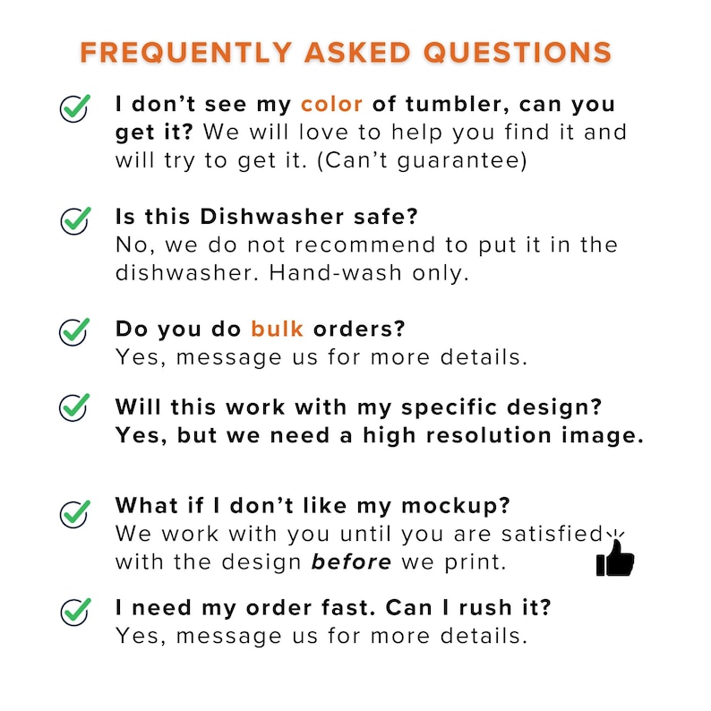 Pode incluir: Fundo branco com texto em laranja e preto. O texto diz "PERGUNTAS FREQUENTES" seguido de uma lista de perguntas e respostas sobre canecas, incluindo disponibilidade de cores, seguran&ccedil;a na m&aacute;quina de lavar lou&ccedil;a, pedidos em massa e personaliza&ccedil;&atilde;o de design.