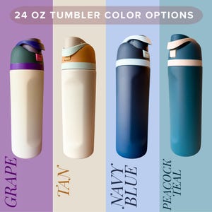 four different 24 oz tumbler bottles in various colors, including purple, green, tan, navy blue, and peacock teal.