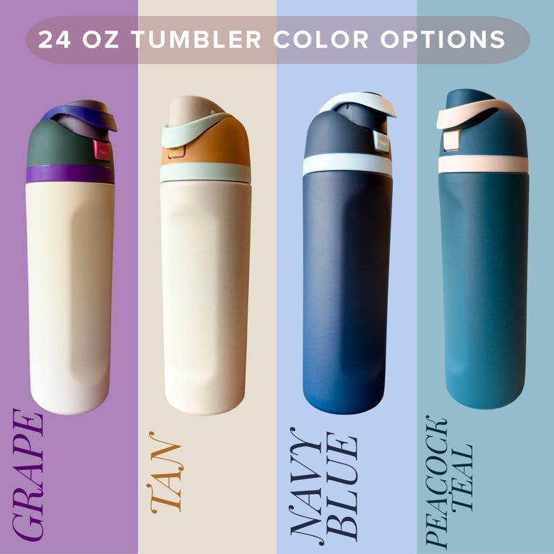 four different 24 oz tumbler bottles in various colors, including purple, green, tan, navy blue, and peacock teal.