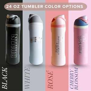 four different 24 oz tumbler color options, each with a unique color and design.