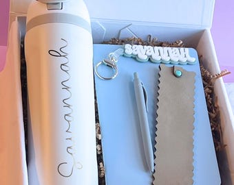 Personalized Gift Box Engraved Tumbler Set Coffee Mug Custom Acrylic Keychain Name Unisex Dirty Santa Minimalist Holiday White Elephant Idea