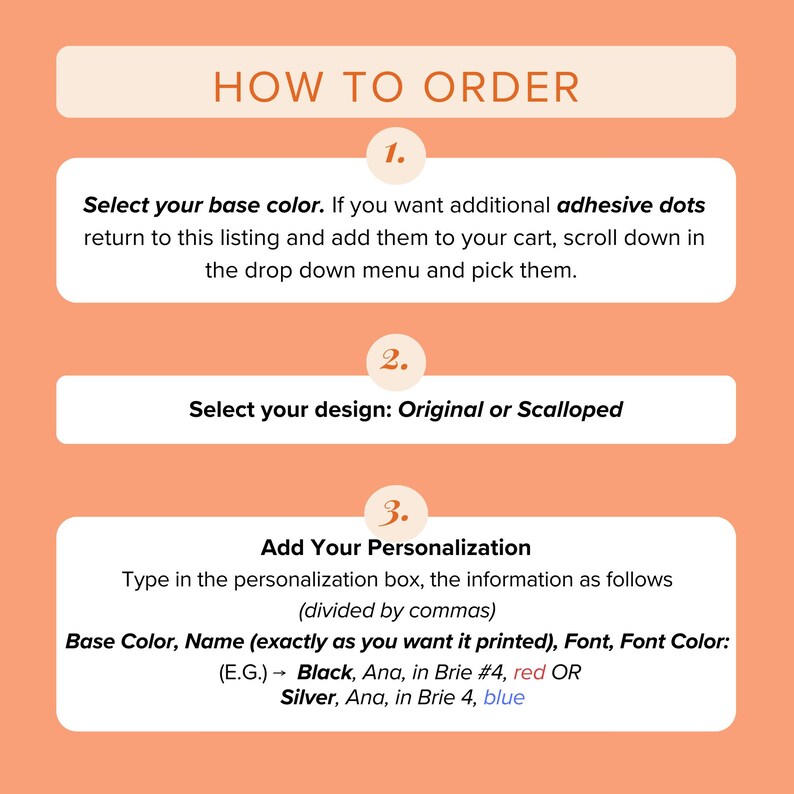 The image is a step-by-step guide on how to order a custom design, including selecting a base color, design type, and adding personalization.