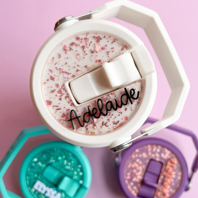 Custom Name Stanley Tumbler Topper Glitter Lid Tag Personalized Accessory Beautiful Sparkle Charm Premium Acrylic Multiple Colors Perfect Holiday Gift Stylish Drink Holder Addition Teacher Name Plate