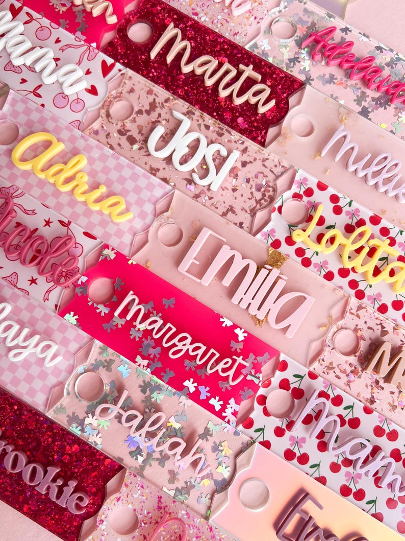 Cherry Pink Acrylic Name Plate Stanley Tumbler Personalized Tag Cup Accessory Bow Topper Water Bottle Girly Teen Sorority Cheer Quencher H2.0 Valentines Spring Custom Design Cute Gift Bridesmaid Teacher Nurse Mom