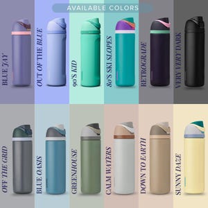 a collection of colorful reusable water bottles, each with a different color and design, arranged in a grid pattern.