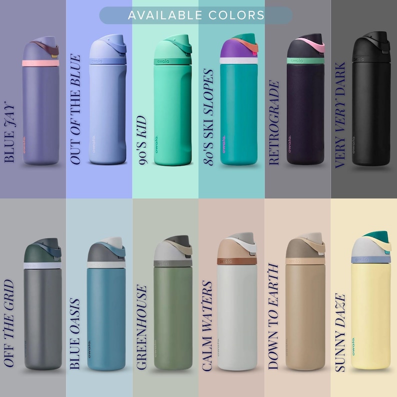 a collection of colorful reusable water bottles, each with a different color and design, arranged in a grid pattern.