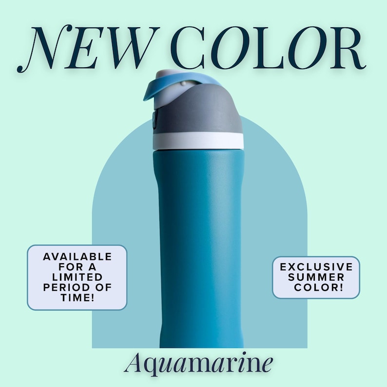 a blue and gray water bottle with a white cap, set against a light blue background.
