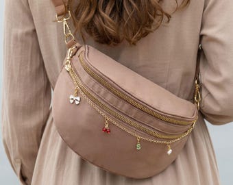 Roomy Bum Bag Personalized Nylon: Initial Enamel Charm, Gold Zipper Chain