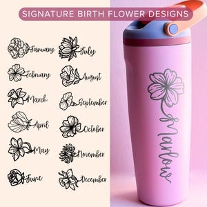 a pink thermos with a series of floral designs representing the months of the year, along with the name "Marlow" written on the side of the thermos.