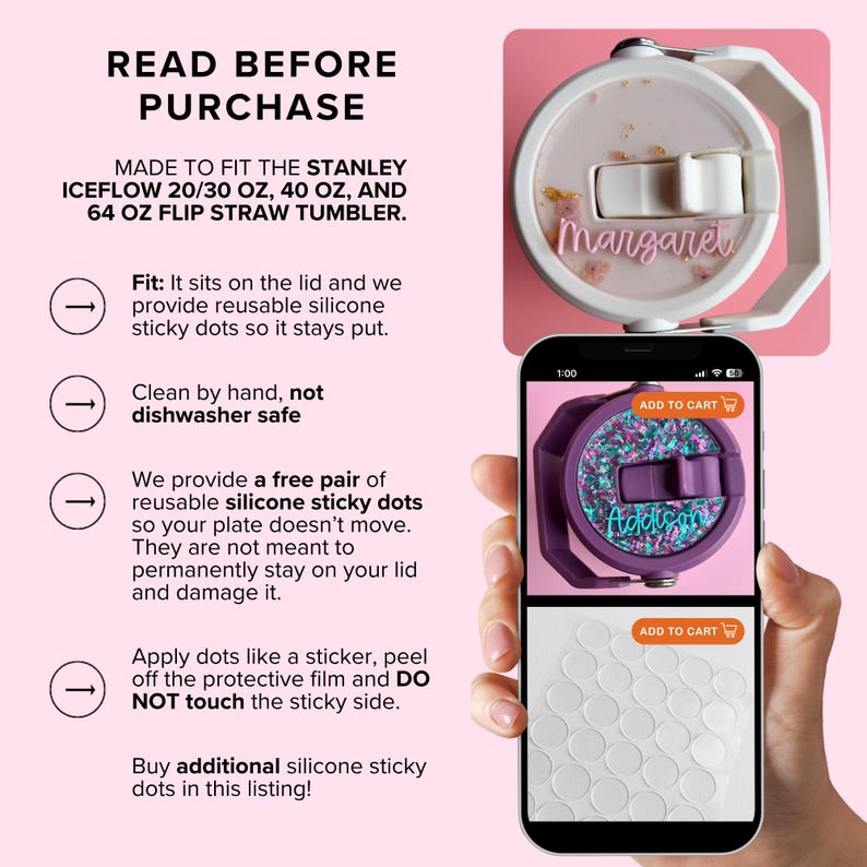 The image is a promotional image for a Stanley Iceflow 20/30 oz. 40 oz. 64 oz. Flip straw tumbler, which is made to fit the lid and provides reusable silicone sticky dots. The image also shows a close-up of the tumbler and instructions on how to use it.