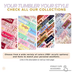 The image is a collage of four different images, each featuring a variety of colorful and personalized names or designs. The images are arranged in a grid format, showcasing a range of options for customizing a tumbler or other personal items.