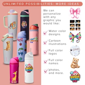 Pode incluir: Uma cole&ccedil;&atilde;o de garrafas de &aacute;gua isoladas em v&aacute;rias cores, cada uma adornada com gr&aacute;ficos exclusivos, como um tigre, um le&atilde;o e uma girafa. O texto diz "UNLIMITED POSSIBILITIES: MORE IDEAS".