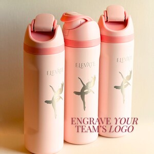 Three pink water bottles with the word "ELEVATE" printed on them, along with a dancing figure.