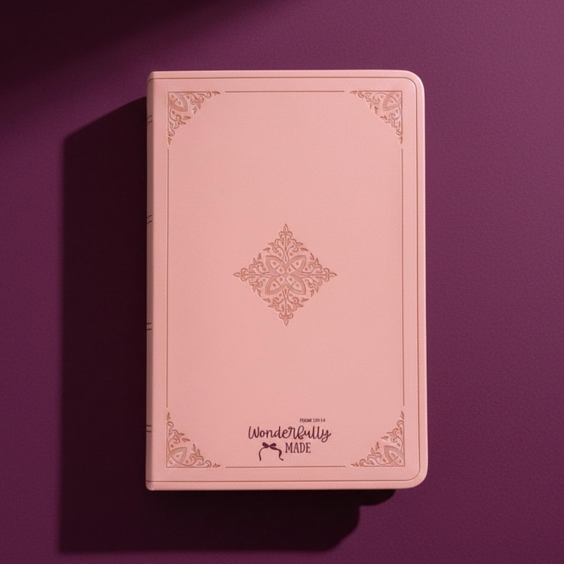 Quinceañera mis quince personalized bible pink imitation leather custom name date Catholic celebration milestone gift idea spanish english bilingual option scrollwork ornamental detail gold foil embossed Christian accessory religious sacrament keepsake fifteenth birthday present