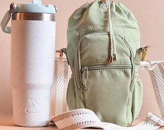 Canvas Tumbler Carrier Bag: Crossbody Water Bottle Holder with Pockets