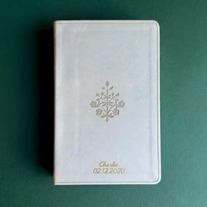 Imitation leather bible cover protective scripture holder gold foil scrollwork ornamental corner design daily worship companion church attendance essential keepsake religious accessory personalized name and date engraved beautifully thoughtful Christian study group bible idea