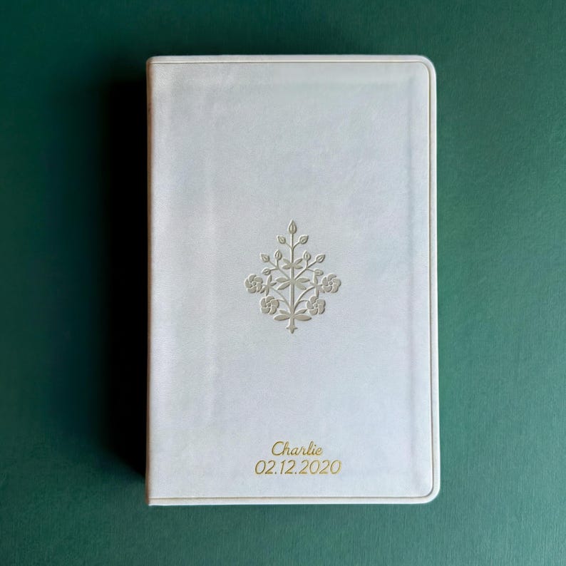 Imitation leather bible cover protective scripture holder gold foil scrollwork ornamental corner design daily worship companion church attendance essential keepsake religious accessory personalized name and date engraved beautifully thoughtful Christian study group bible idea