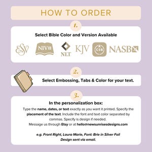 The image is a step-by-step guide on how to order a personalized Bible with a selection of font and color options, along with instructions on how to customize the text in the personalization box.