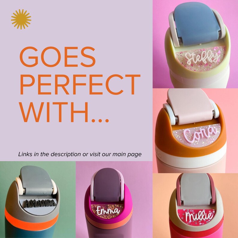 The image is a collage of six different colored and labeled mugs, each with a unique name written on it.