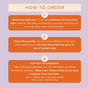 The image is a step-by-step guide on how to order items, including selecting a plate size, ordering multiple tags, and adding personalization.