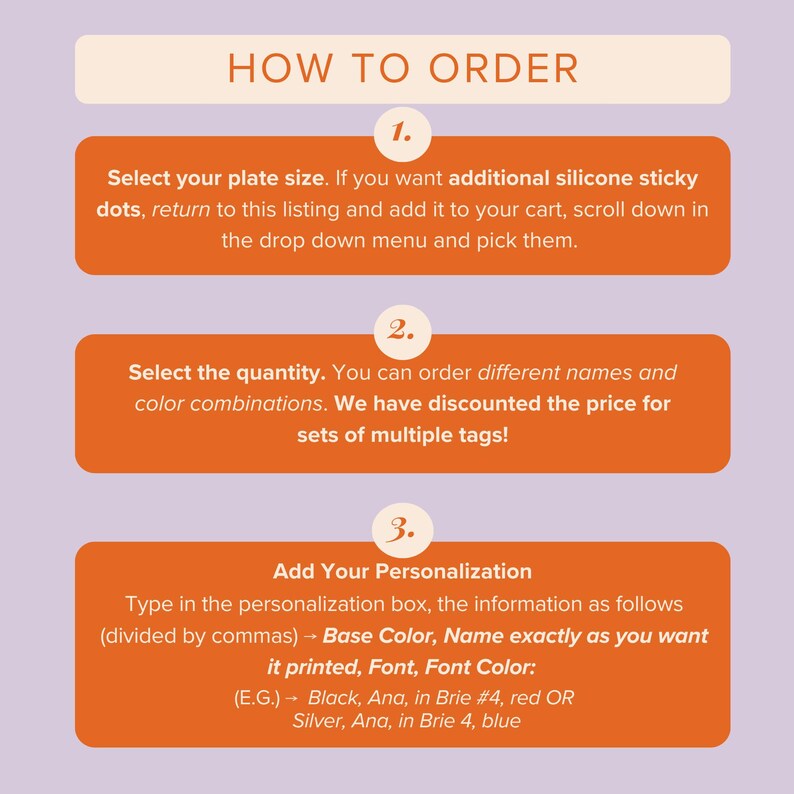 The image is a step-by-step guide on how to order items, including selecting a plate size, ordering multiple tags, and adding personalization.