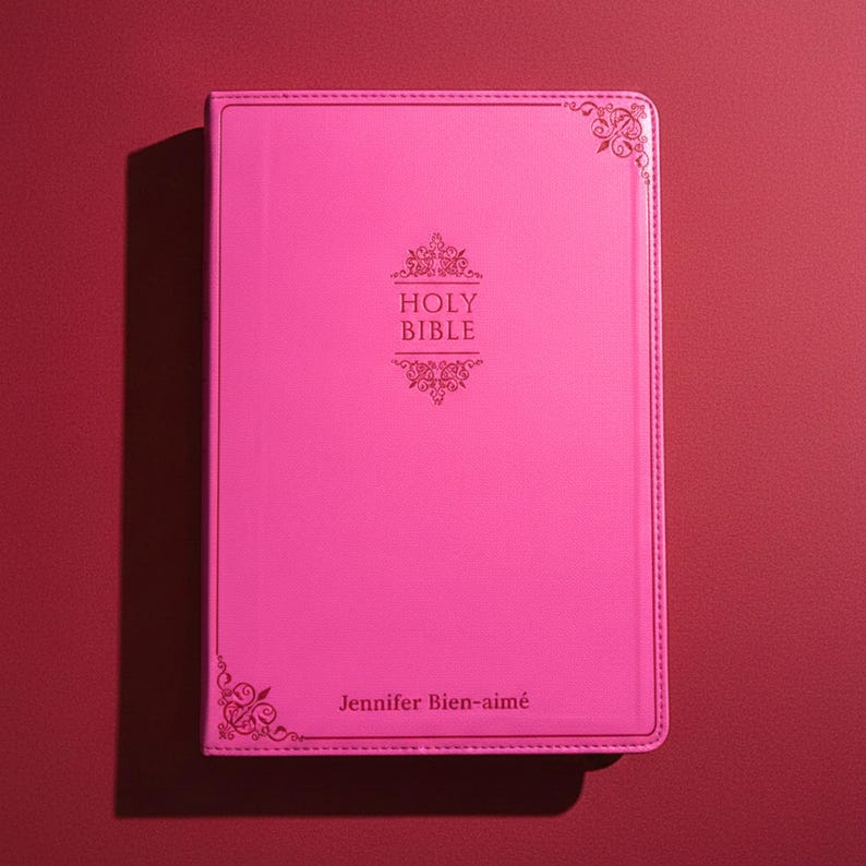 Pink personalized bible different versions ESV NIV KJV NLT scrollwork cover gold foil custom imprint thoughtful mothers day present mom appreciation gift religious accessory imitation leather construction engraved name and birth date beautiful keepsake NIV Fucsia Bible