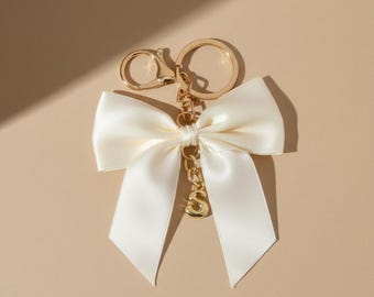 Handmade Black Satin Bow Keychain Initial Charm Monogram Tag Carabiner Bag Accessory Elegant Minimalist Fashion Statement Purse Decoration