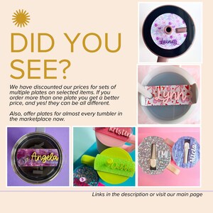 The image is a collage of various items, including a tumbler with a personalized name, a plate with a personalized name, and a plate with a personalized name. The collage also includes a description of the items and offers to purchase multiple plates for a better price.