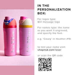 Pode incluir: Duas garrafas de &aacute;gua rosa isoladas com 'Aria Wilson' gravado. Uma tem tampa vermelha e azul, a outra amarela e rosa. O texto detalha as op&ccedil;&otilde;es de personaliza&ccedil;&atilde;o. Garrafas projetadas para manter as bebidas frias.