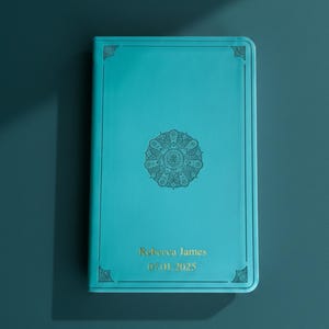 Multiple cover color options pink purple teal olive personalized scripture case custom name engraving gold foil embossed design religious gift idea Christian accessory imitation leather construction beautiful scrollwork detail compatible different bible versions thoughtful present TEAL BIBLE NIV ESV