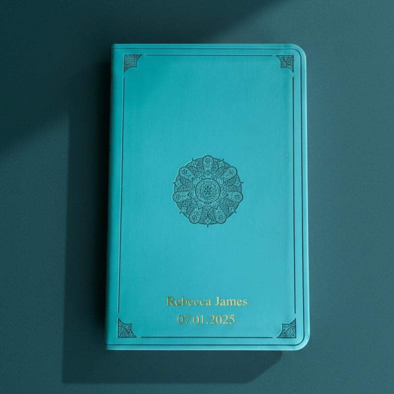 Multiple cover color options pink purple teal olive personalized scripture case custom name engraving gold foil embossed design religious gift idea Christian accessory imitation leather construction beautiful scrollwork detail compatible different bible versions thoughtful present TEAL BIBLE NIV ESV