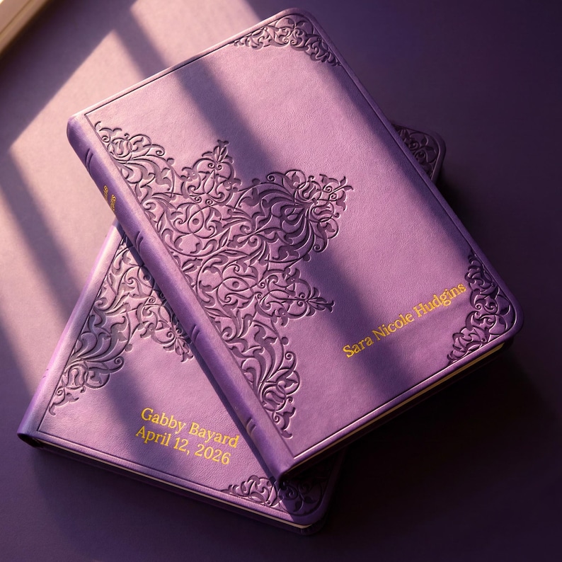 Custom engraved bible foil stamped name and meaningful date stunning religious birthday gift idea for teen girl young woman college daughter graduation present milestone celebration imitation leather scrollwork ornamental detail Christian accessory thoughtful keepsake NIV KJV NLT CSB ESV Purple Bible