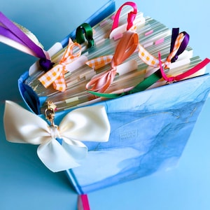 May include: A blue Bible with a white bow and colorful ribbon bookmarks. The cover has a marbled design and the words "Holy Bible" are visible. The bookmarks are various colors, including purple, orange, and green.