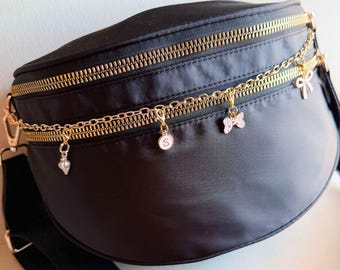 Custom Monogram Nylon Fanny Pack with Gold Charm Chain Crossbody Belt Bag Personalized Initial Teacher Sling Carrier Nurse Luxe Purse