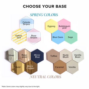 a selection of spring colors, each represented by a hexagonal shape, along with their corresponding neutral colors. The colors include Celeste Stripes, Eggnog, Bubblygum pink, Yellow lace, Rose Strips, Blue Oasis, Sage, Nude, Toffee, Nude Blush, Vanilla Bean, and Gold. The neutral colors are Mirror Blue, Mirror Copper, Caramel, Vanilla, and Gold. The image also includes a note that some colors may slightly vary due to the light.