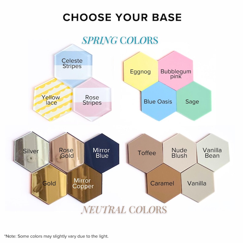 a selection of spring colors, each represented by a hexagonal shape, along with their corresponding neutral colors. The colors include Celeste Stripes, Eggnog, Bubblygum pink, Yellow lace, Rose Strips, Blue Oasis, Sage, Nude, Toffee, Nude Blush, Vanilla Bean, and Gold. The neutral colors are Mirror Blue, Mirror Copper, Caramel, Vanilla, and Gold. The image also includes a note that some colors may slightly vary due to the light.