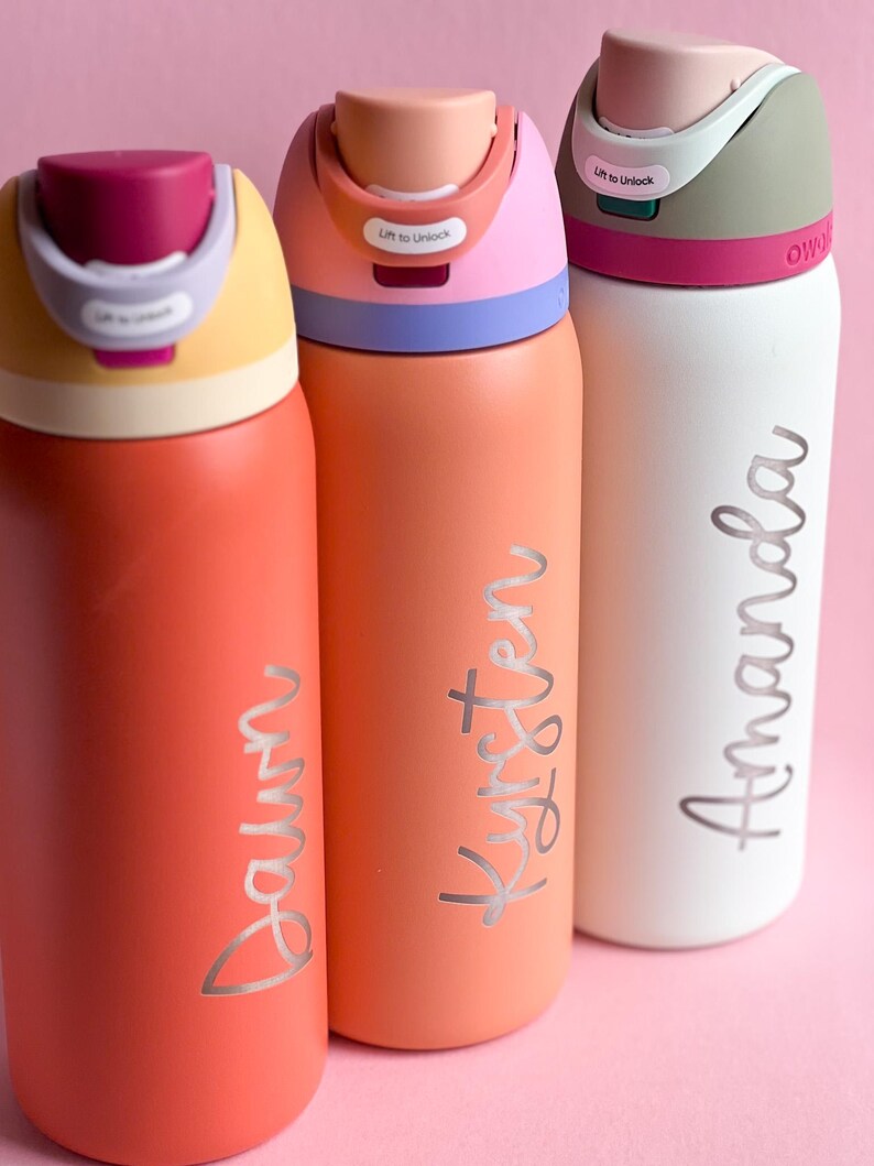 Owala Water Bottle 40 Oz, Custom Owala Winter engraving on Birthflower Design. 32 oz Insulated Bottle. Christmas gift, Bridal Party Gift, Teacher Gift with Logo.
Personalized Owala 24 Oz Boot-like grip, Laser Engraved Tumbler with Name. Freesip Sway, Stainless Steel. Christmas gift for Bridesmaid Proposal, Floral Tumbler custom.
